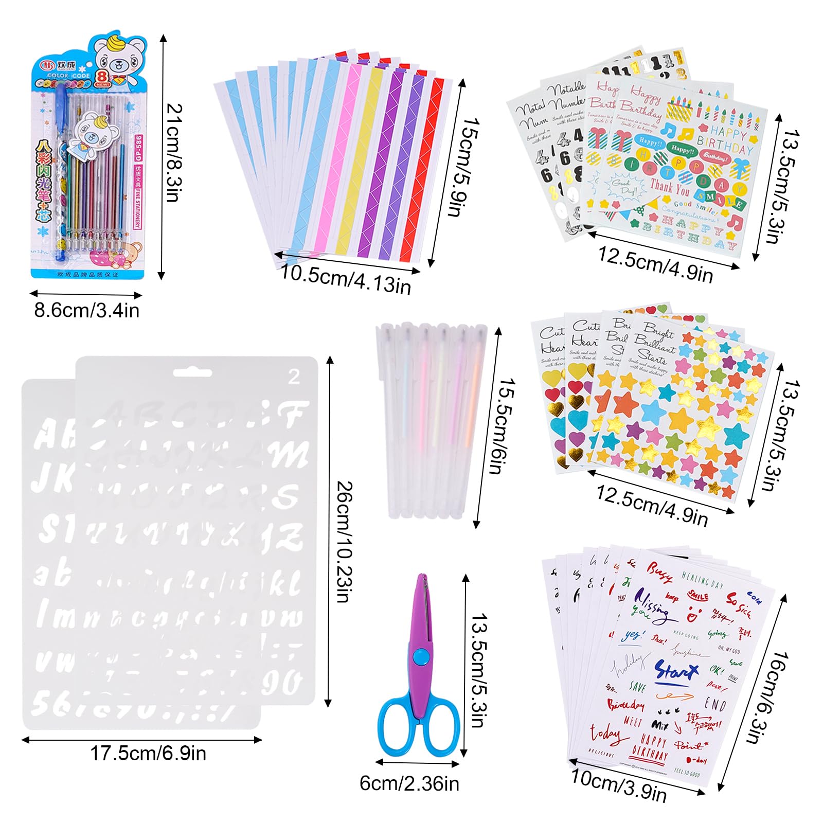 33 Pezzi Scrapbooking Accessori Kit,Set di Accessori per Album per Album Fotografici Diario Fai da Te Decorazione(Con Adesivi, Evidenziatore, Forbici, Modelli)