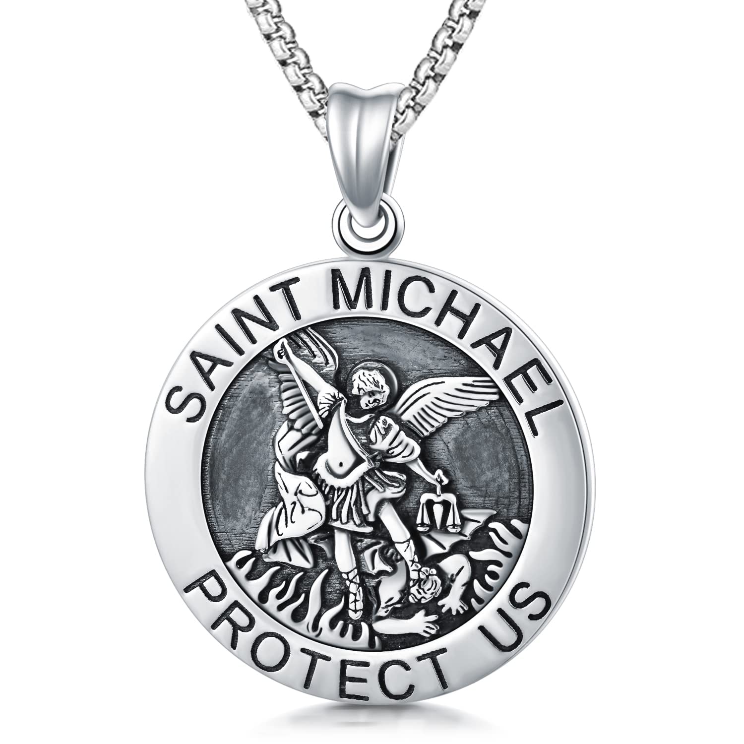 Collana in argento Sterling 925 con ciondolo di San Michele, per uomo e donna, con ciondolo di San Michele, amuleto, idea regalo, 23mm x 23mm, Argento sterling, Non pietra preziosa