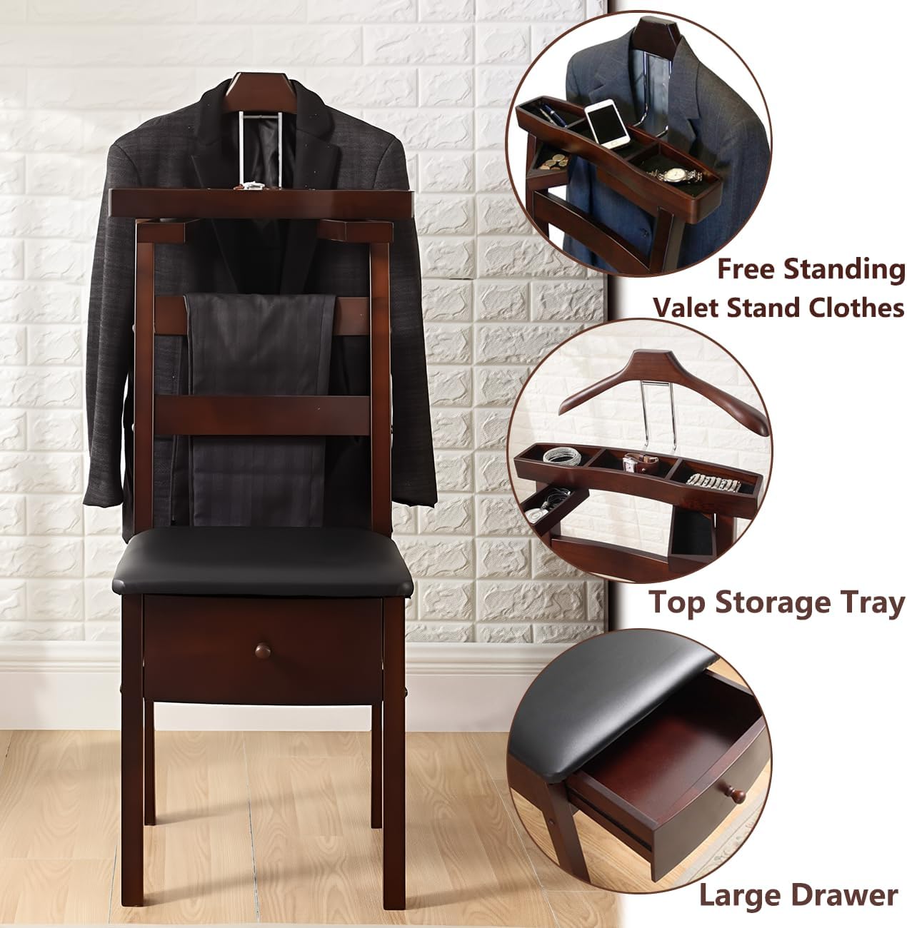Wood Chair Valet Stand, With Hanger Trouser Bar, Top Storage Tray Wardrobe, With Large Drawer Clothing Rack, Men Women Floor Standing Suit Valet for Living Room, Entryway, Bedroom, Office