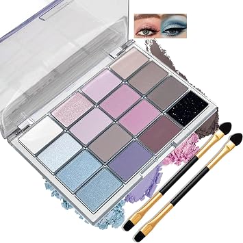 15-Colour Matte Shimmer Glitter Eyeshadow Palette With Pink Purple Blue Brown White And Starry Black Shades - Dual-Ended Applicator Brushes For Professional And Everyday Use, Compact Travel-Friendly