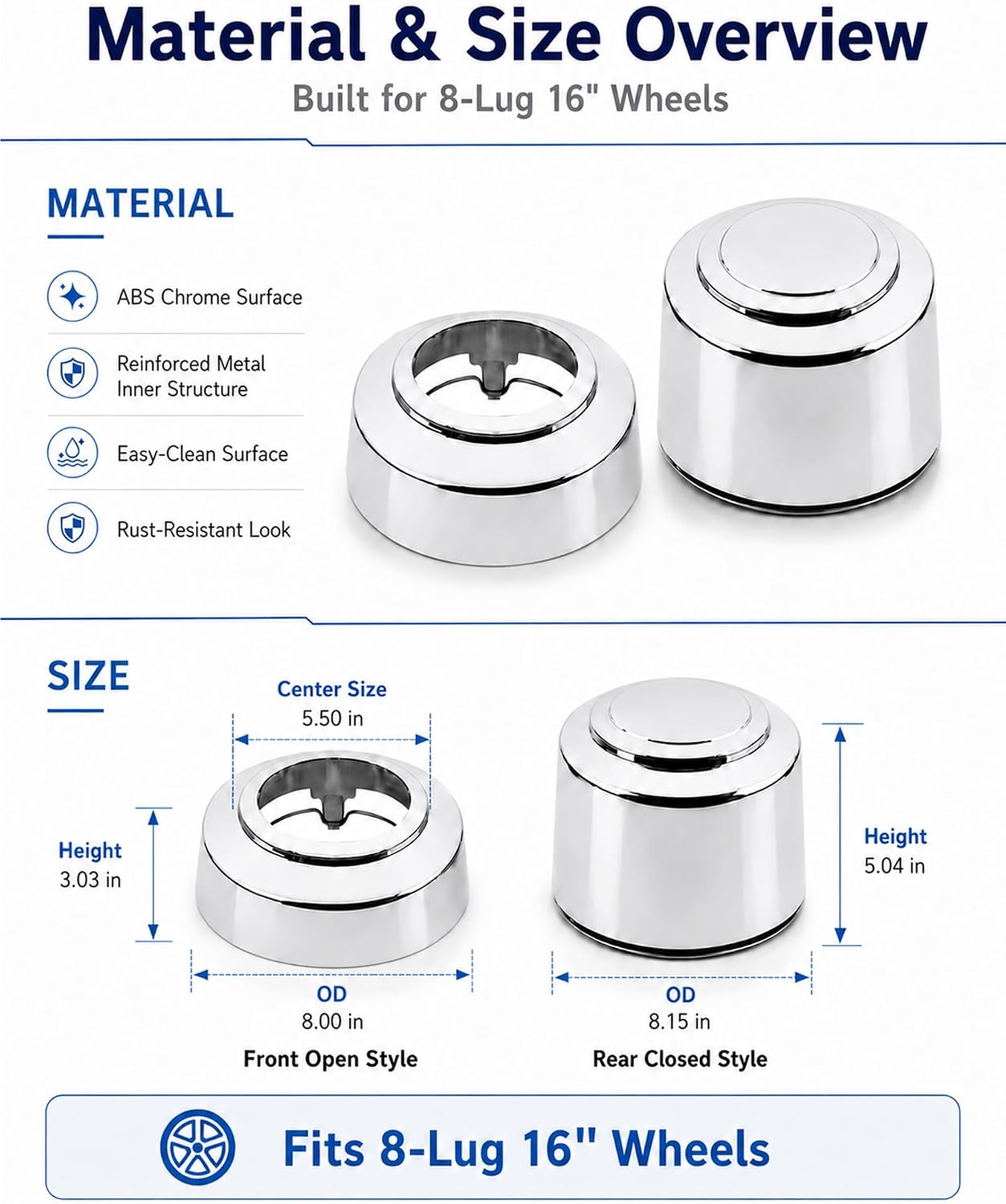 8 Lug 16" Chrome Wheel Center Hub Caps Fit for Ford 1995-2008 E250 E350 Van