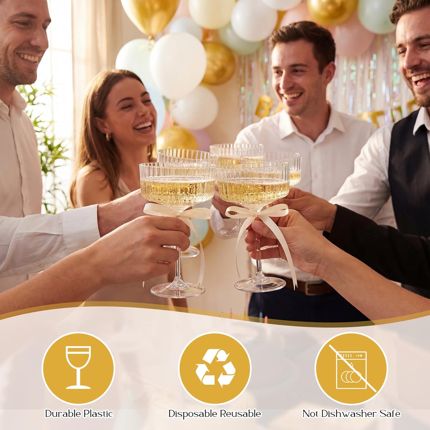 LemonRoad 60 Set 10oz Plastic Champagne Coupe Glasses with Bow Bulk Wedding Champagne Tower Set Acrylic Ribbed Martini Glasses Cocktail Coupe Cup for Birthday Bar Party Supplies(Beige Bow)