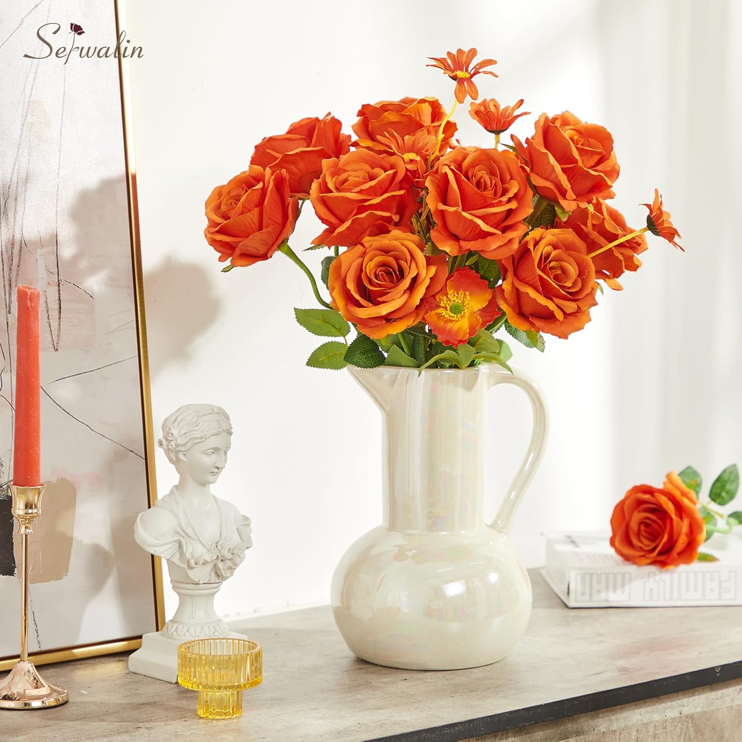 Serwalin 20pcs 4'' Big Orange Artificial Roses, Large Flower Head Silk Rose Velvet Real Touch, Fake Roses Long Stems Realistic Bouquet for Wedding, Table Centerpiece Home Decor - Image 5