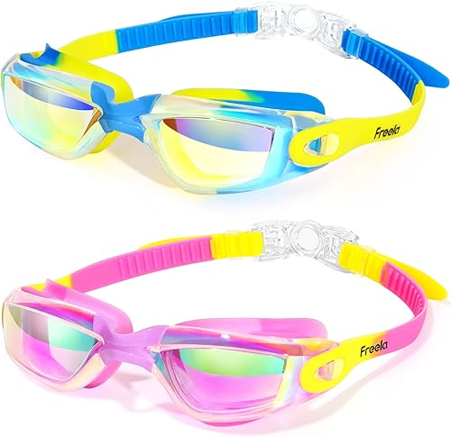 Miniatura 9 de Freela Gafas de natación para niños, paquete de 2 gafas de natación para niños de 3 a 14 años, gafas de natación para niños y niñas, antivaho con