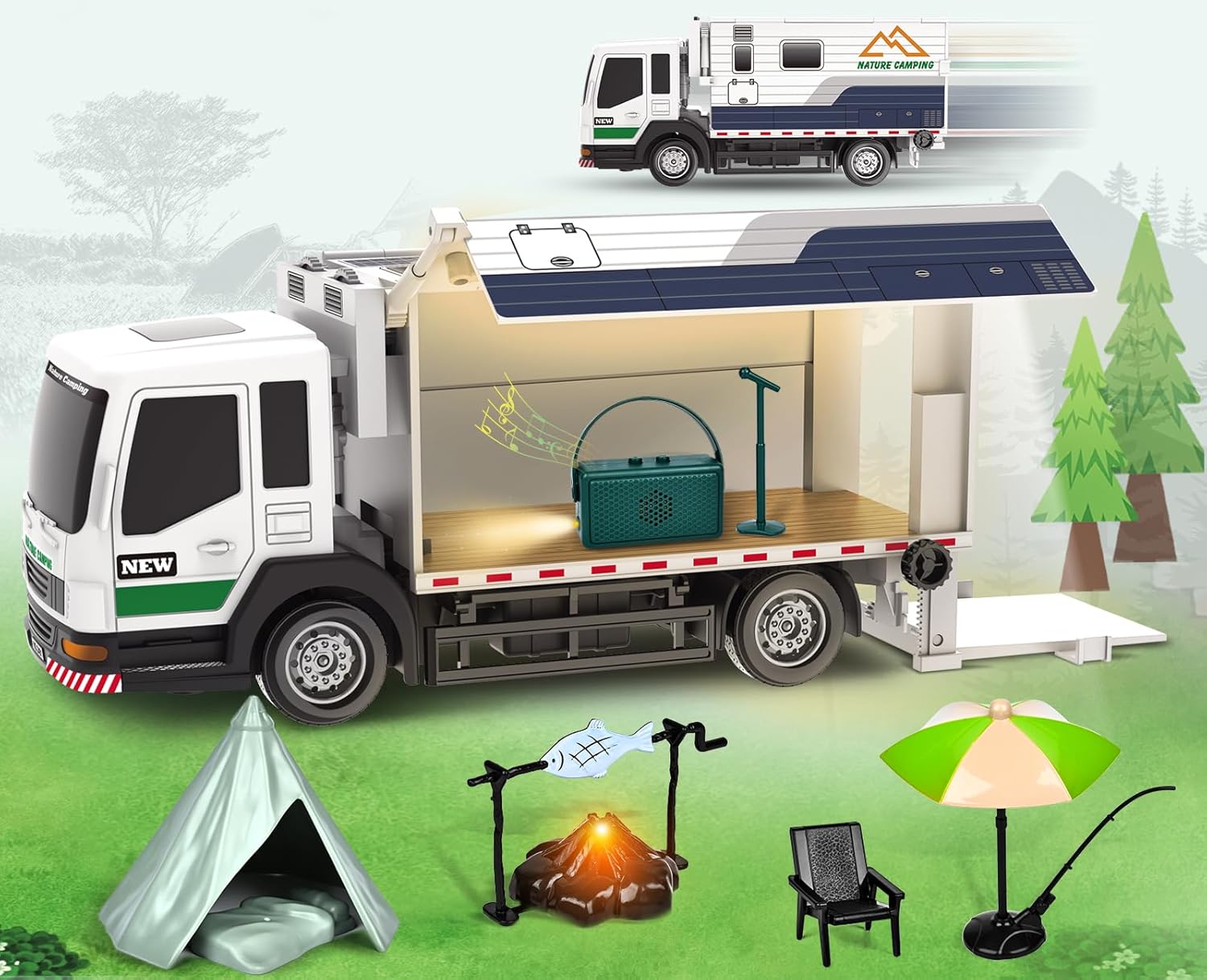 Camper-Van Play Set Toy for Kids - Camper Car with Lighting, Handheld Small Speaker with Lighting, A Glowing Bonfire Model, Tent, Fishing, Chair Toy for Age 3 4 5 6 7 8 Years old Toddler Child