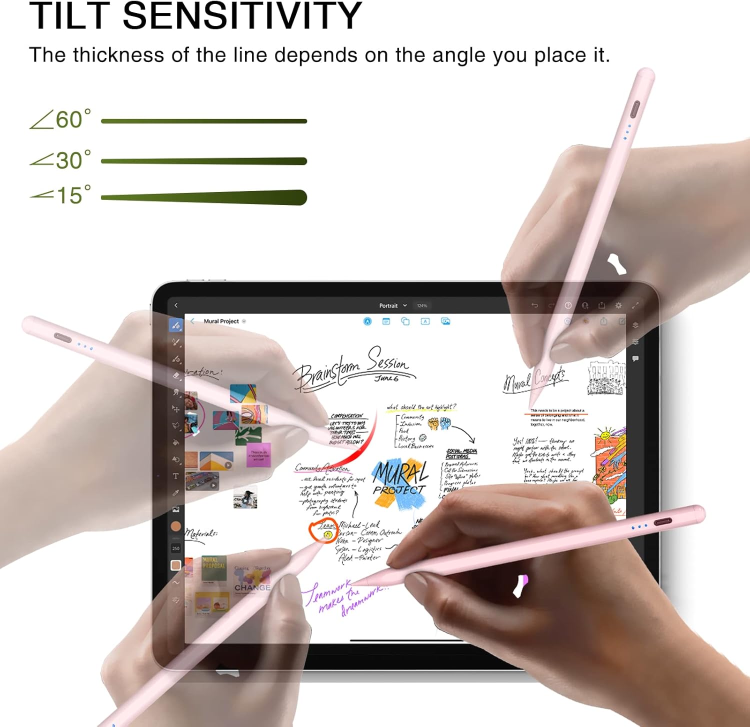 Demonstration of tilt sensitivity with the HATOKU Stylus Pen, showing how line thickness changes with angle.