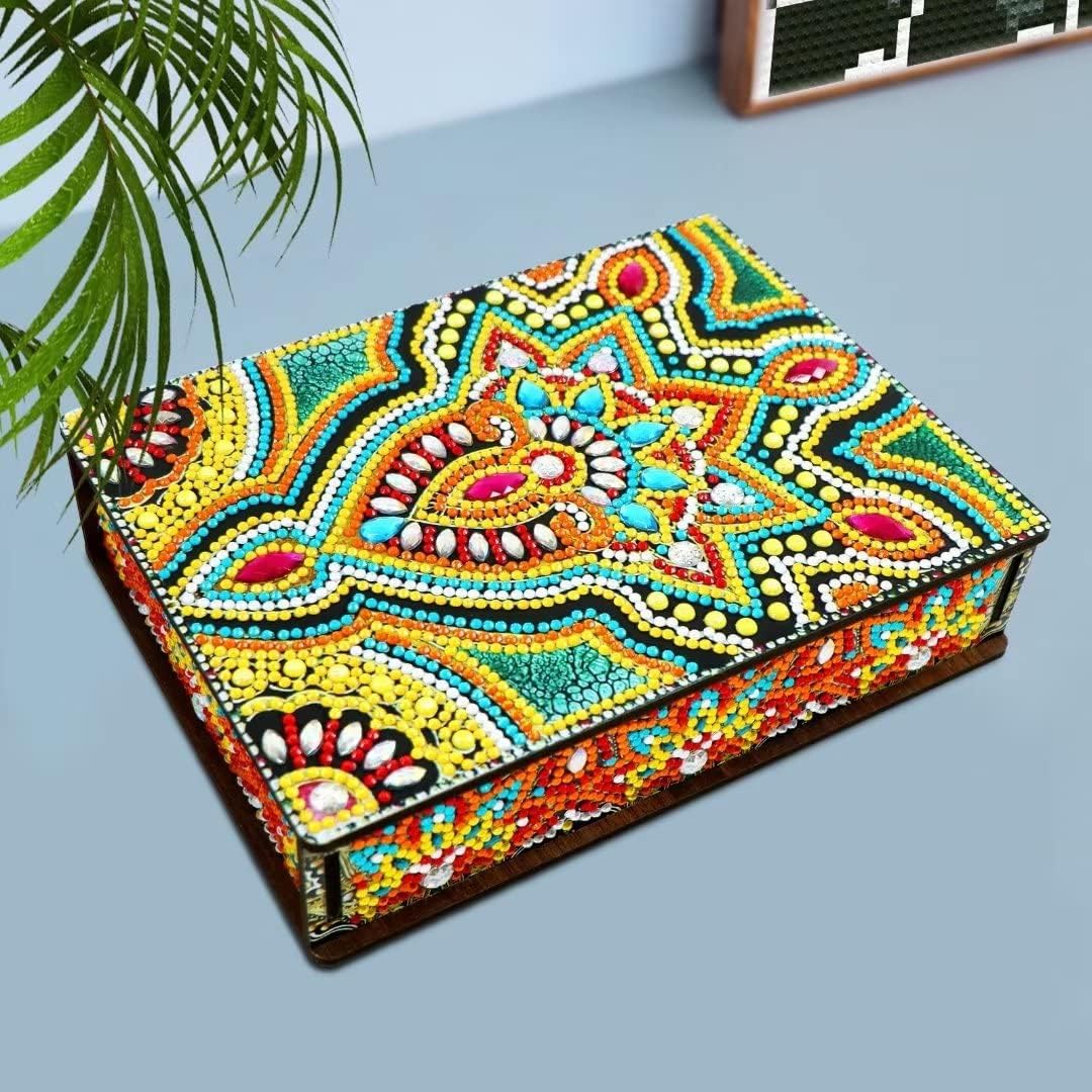 HSTONY 5D Diamond Painting Wooden Storage Box Rectangular Retro Desktop Decor Jewelry Storage Box Drill Wood Organizer for Home Office Storage Christmas Gift