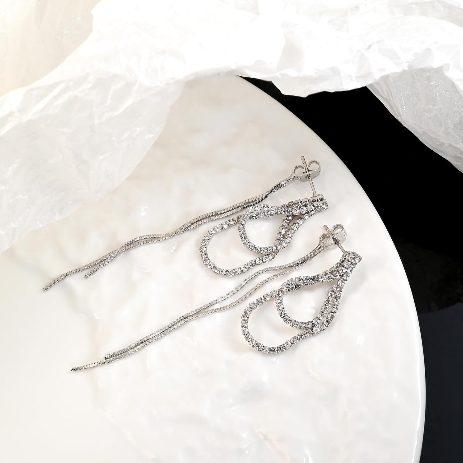 Large Silver Teardrop Dangle Earrings for Women Tassel with Cubic Zirconia Long Chain Dangling Front Back Earrings for Party - Image 5