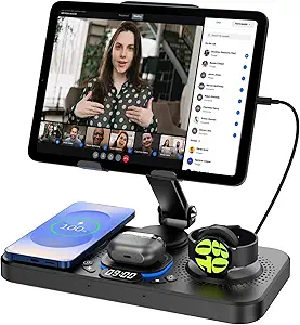 6 in 1 Wireless Charger for Samsung Device, 30W Foldable Android Mag-Safe Charging Station for Tablet with Clock & 7 Color Light, Nightstand Charger for Galaxy S25 Ultra/Watch 7/Buds 3 Pro(Black)