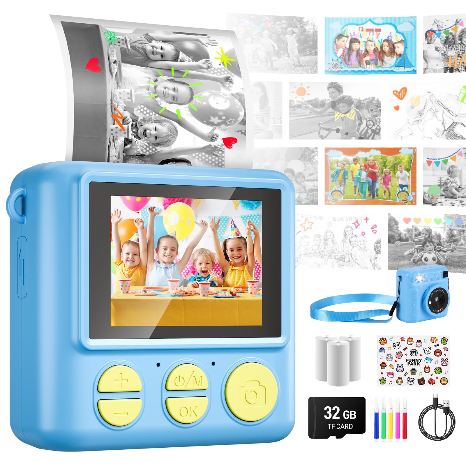 Kids Camera Instant Print, 1080P HD Instant Print Camera for Kids, Blue Selfie Video Camera with 32G Card & Print Paper, 2.4