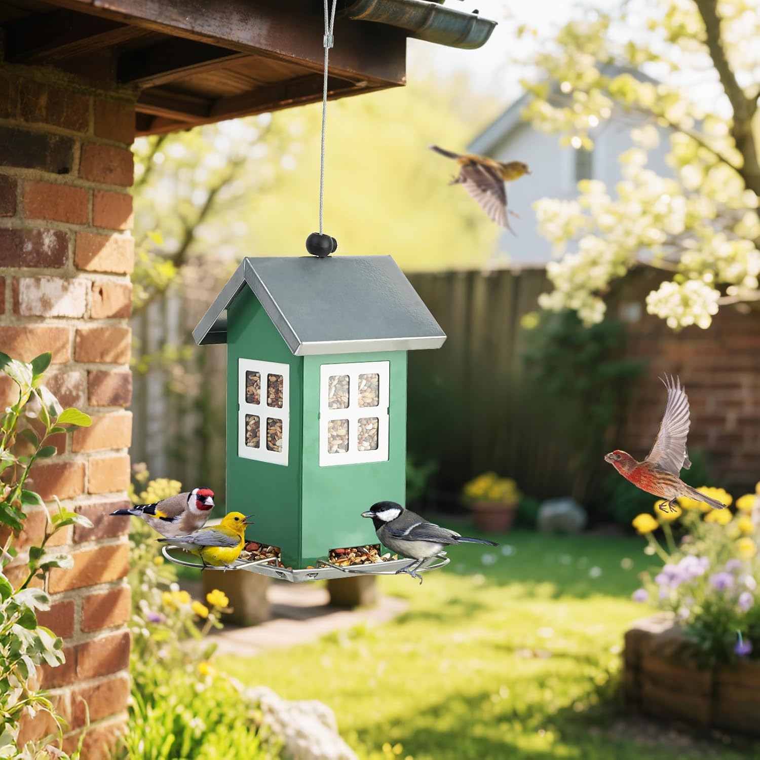 Small Metal Bird Feeders for Outdoors, Cute House Shape Bird Feeder with Window Design, Garden Terrace Hanging Birdfeeder for Finch Sparrow Warblers Little Birds - Premium Green - Image 6