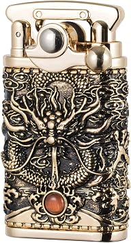 Antique Chinese Dragon Design Metal Rocker Arm Kerosene Lighter - Soft Flame, Collectible Retro Style, Portable & Handcrafted Gold