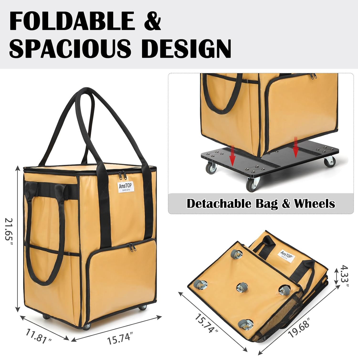 AnsTOP Reusable Grocery Bag on Wheels, 66LBS Foldable Shopping Cart with 5 Smooth Caster Wheels Zippered Top, Rolling Tote with Multiple Pockets for Groceries, Laundry, Travel, Camping,Medium,Brown