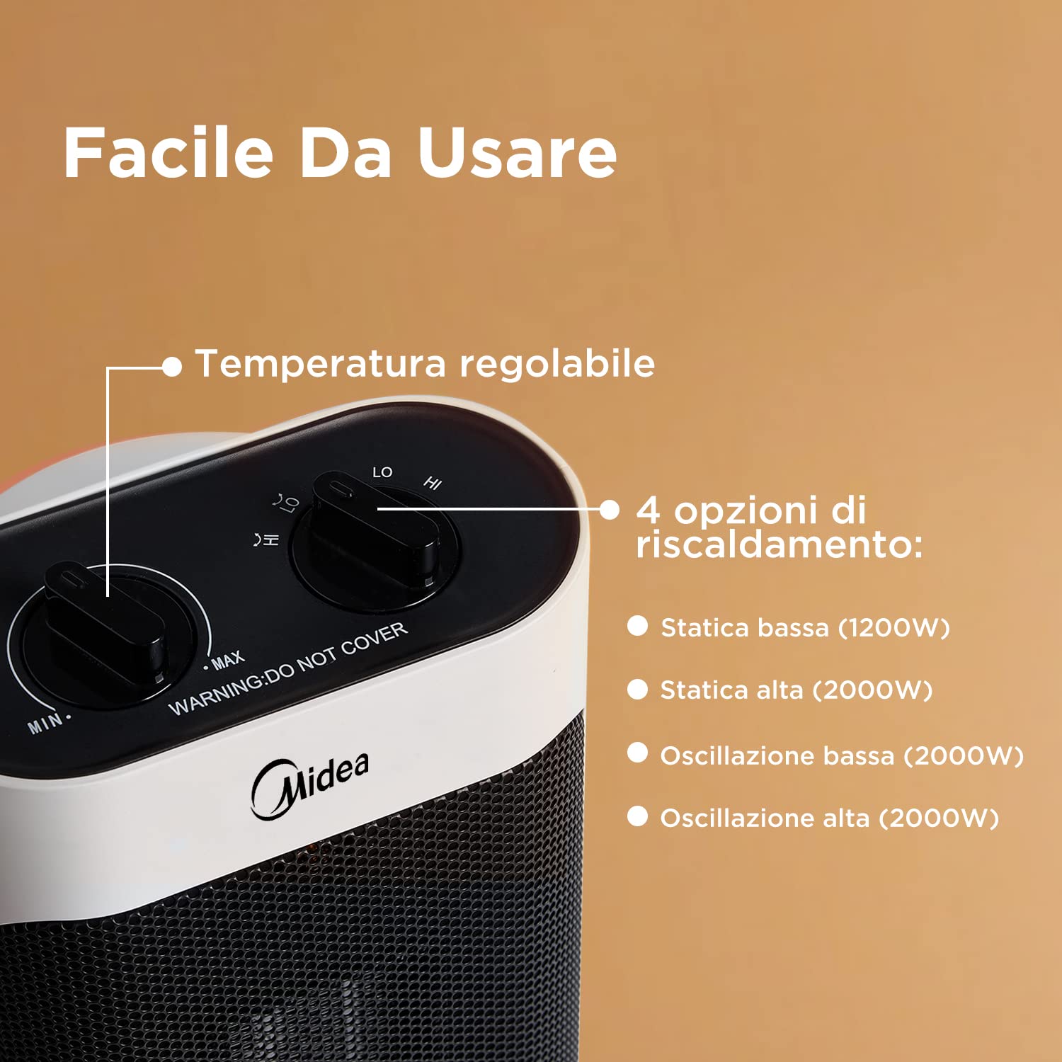 Midea NTH20-19JE Stufetta Elettrica Basso Consumo con Termoventilatore, 7° Inclinazione, 70° Oscillazione, 2000W, 2 Livelli di Potenza, Silenzioso, Protezione Antigoccia, Termostato, Altezza 45.1 cm