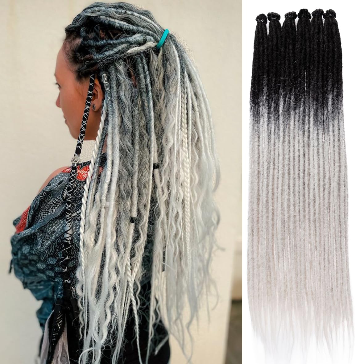 Leeven 24 Inch Ombre Grey Dreadlock Extensions 40 Strands Soft Reggae Braid Locs 0.6 Width Single Ended Dreads Synthetic Handmade Crochet Locs Hippie Dreadloc TGREY#