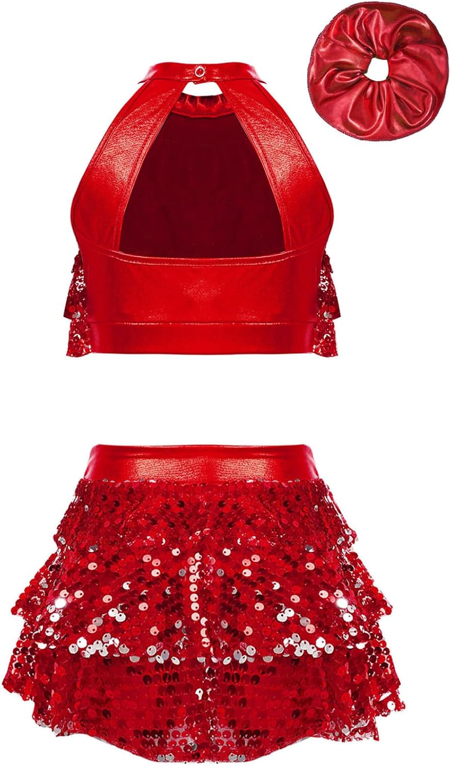 JanJean Kids Girls Sparkle Metallic Crop Top with Skirted Hair Band for Hip Hop Jazz Street Dance Competition