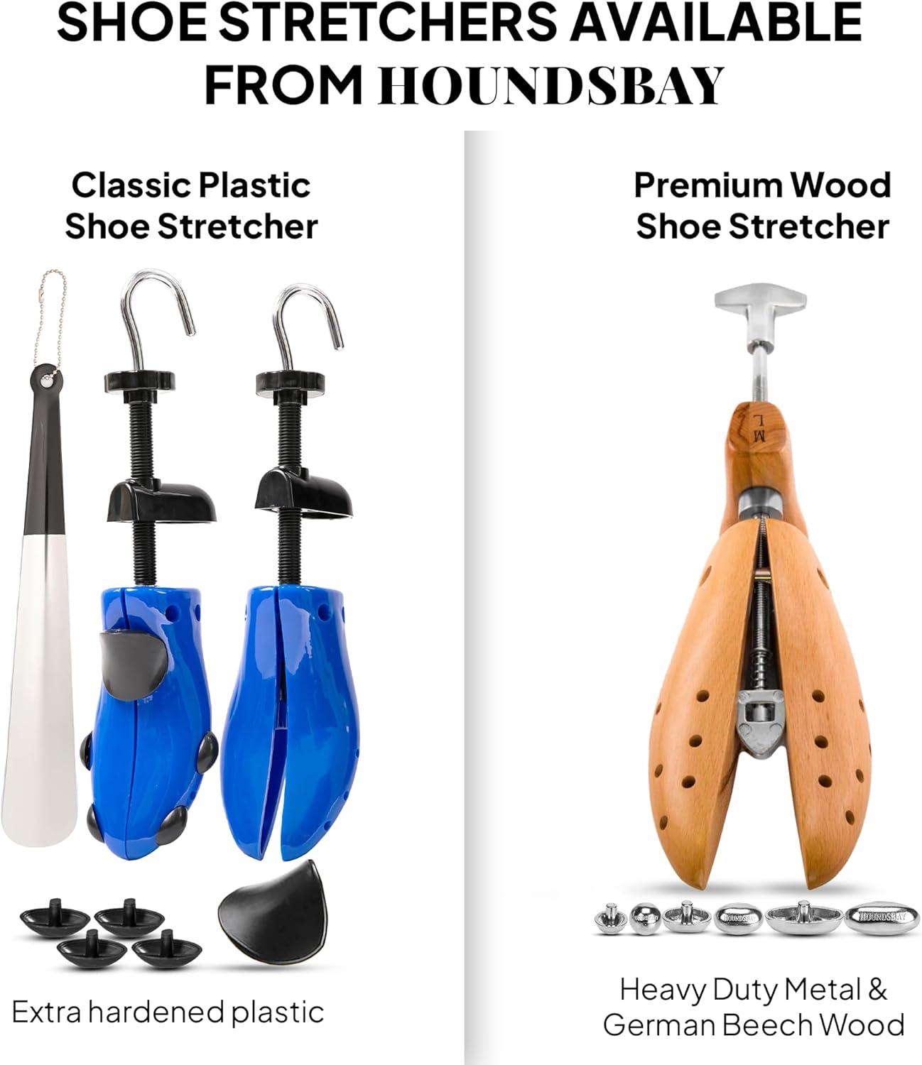 HOUNDSBAY Plastic & Wooden Shoe Stretchers - Adjustable Shoe Widener Expander for Men and Women