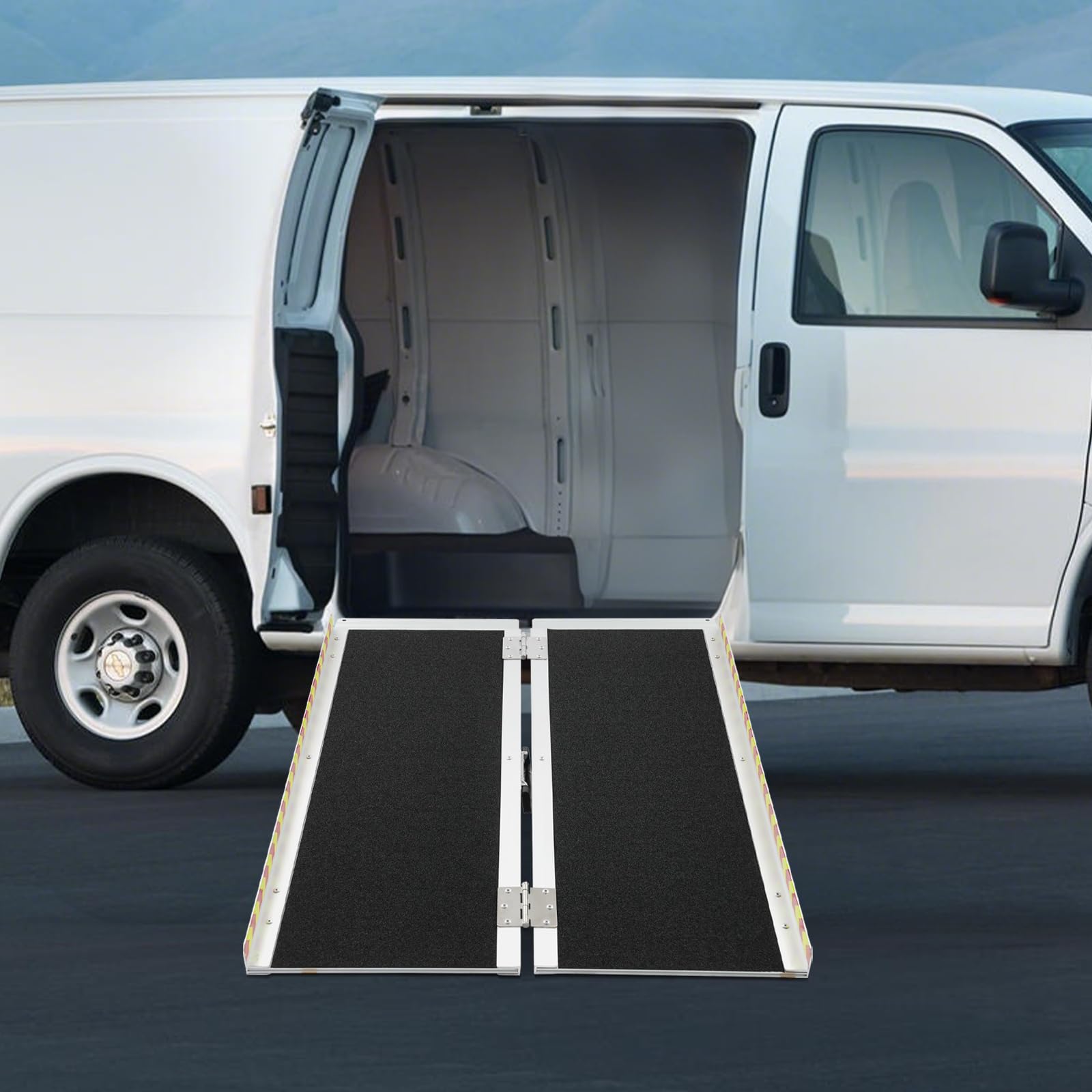 Rampa plegable para silla de ruedas de 72 x 91 cm, de aleación de aluminio, rampa para escalones, portátil de hasta 272 kg, rampa telescópica antideslizante con bandas reflectantes y asa para