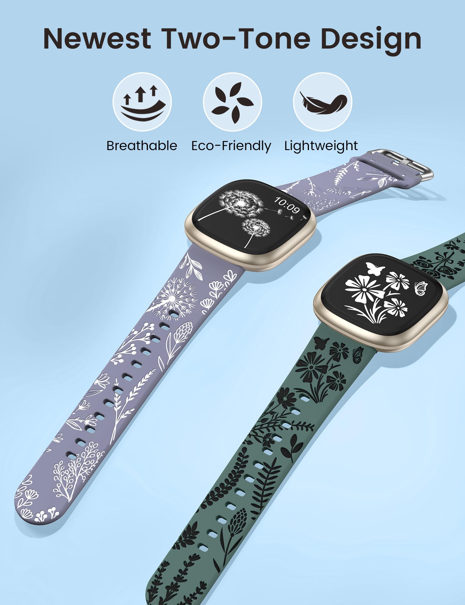 Wearlizer 2 Pack Floral Engraved Strap Compatible with Fitbit Versa 3 Straps/Versa 4 Straps/Sense 2/Sense Bands Women - Image 2