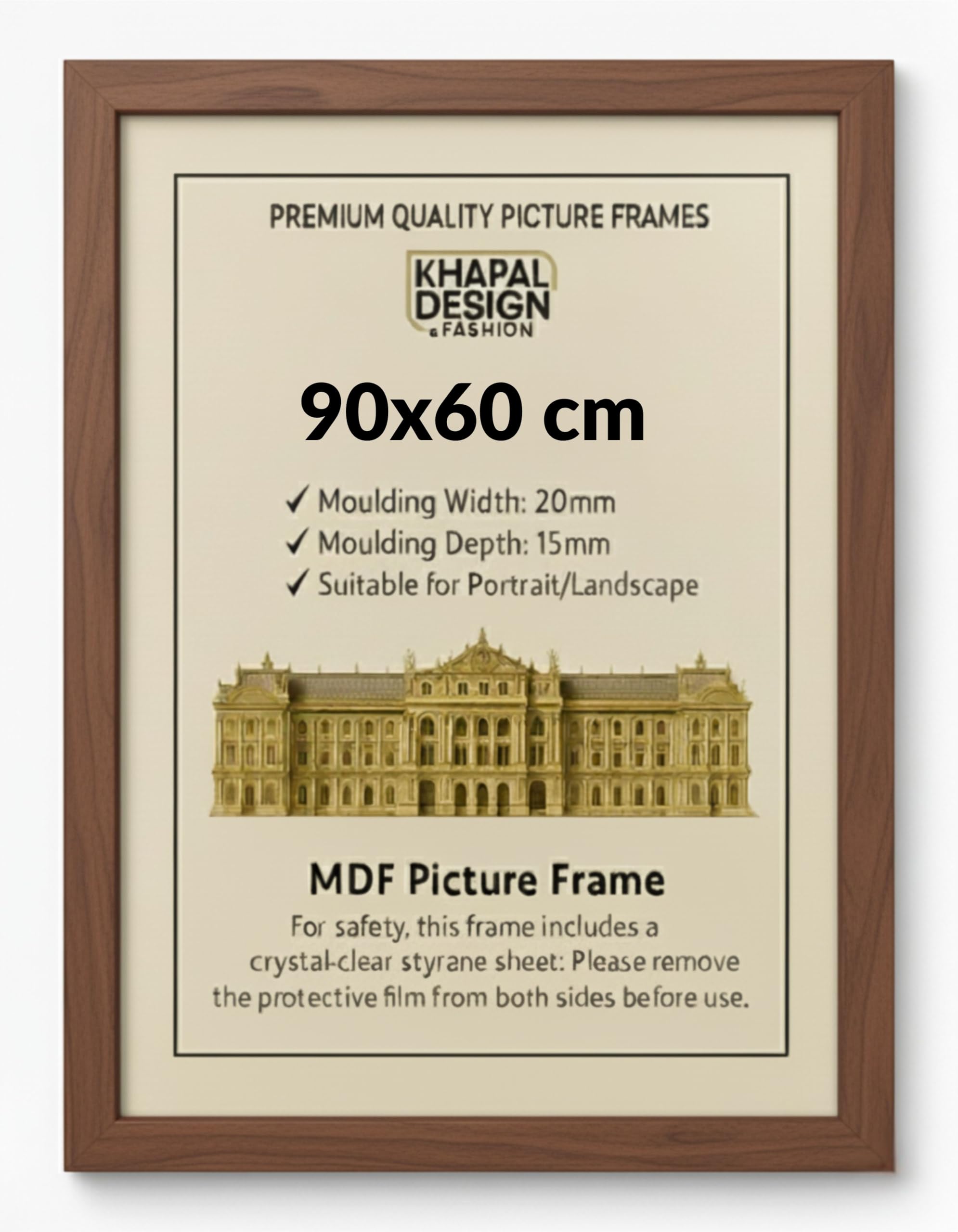 90x60 cm Picture Frame – MDF Photo Framet | Posters Prints Certificates Home Office Gallery Décor - (Walnut)