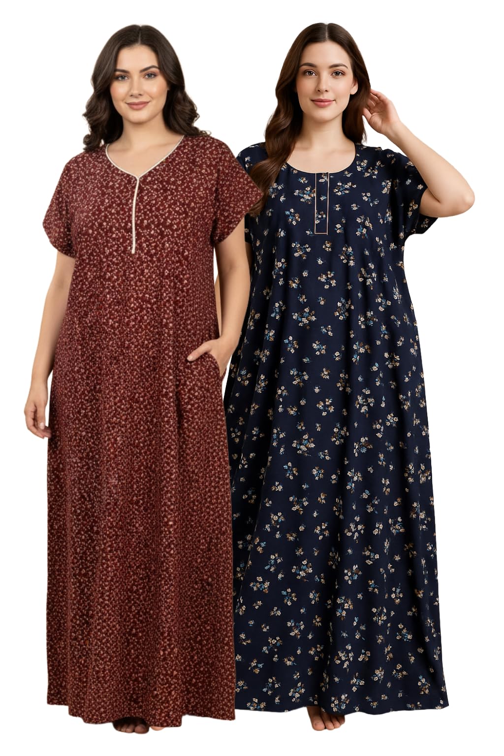 Nighty for Women Cotton Combo Pack of 2 | Free Size Gown for Women Cotton with Pocket | Nighties for Women Pure Cotton Combo Stylish | Maxi Sleepwear