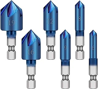 6 Pieces Countersink Drill Bit Set, 1/4'' Hex Shank Carbide 5 Flute 90 Degree 6mm-19mm Quick Change Drill Bit, for Metal Wood Plastic