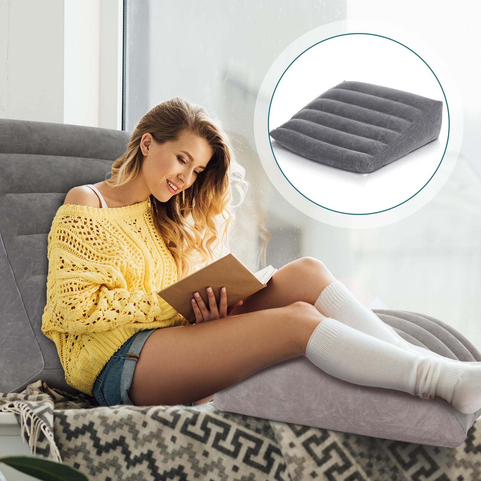 Geetery 2 Pcs Inflatable Wedge Pillows Travel Wedge Pillow for Sleeping 23'' x 21'' x 7'' Bed Wedge Pillow 25'' x 20'' x 10'' Leg Elevation Pillows for Travel Legs Knees and Back Support Pain Relief