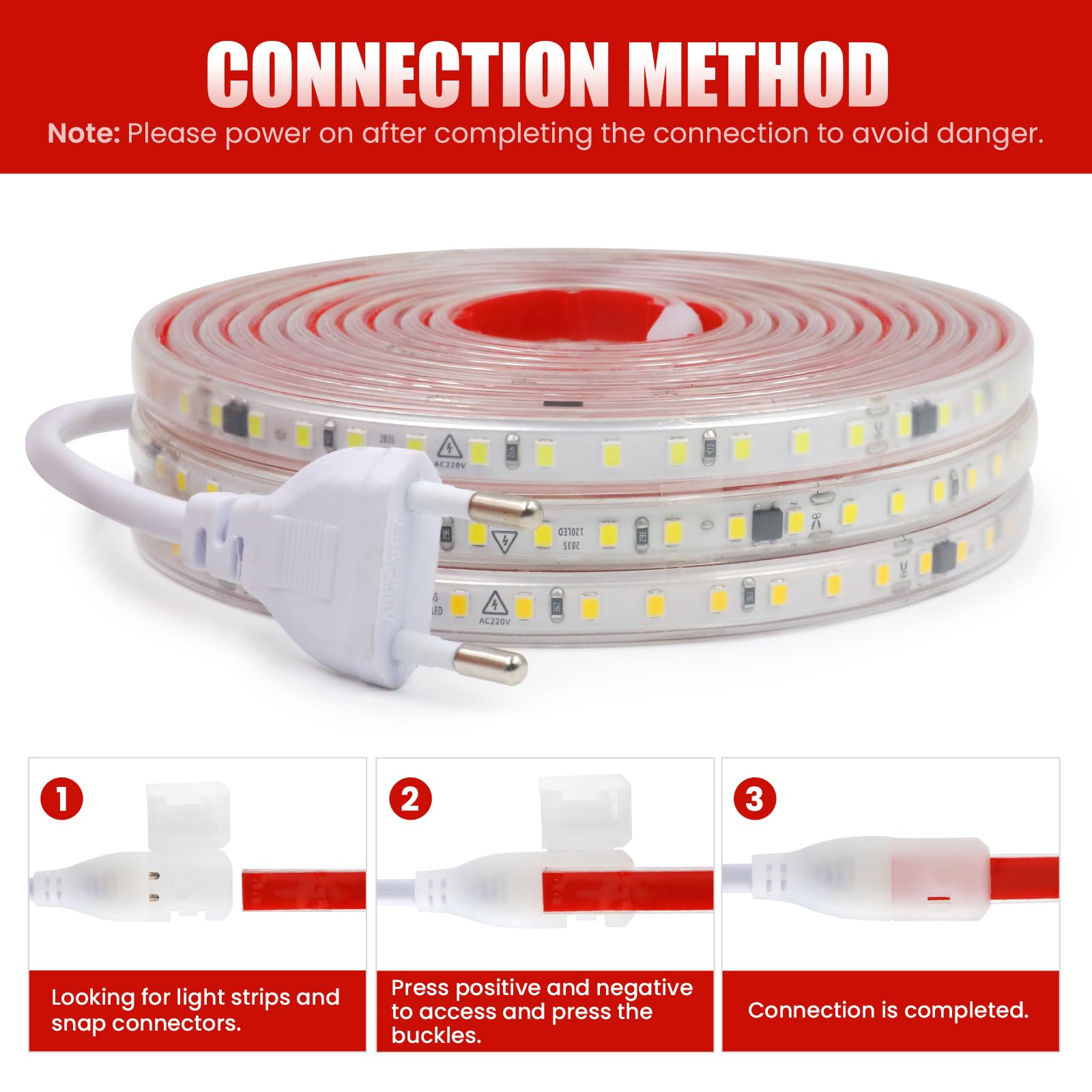 KISUFU Striscia LED 220 V, 2835 SMD, 120 LED/m, Power Free IP65, impermeabile, 10 cm, Cuttable Self-Adhesive LED Strip for Bedroom, Kitchen Outdoor Party DIY Decoration