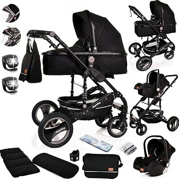 Baby Pram & Pushchair Travel System 3 in1 with Car Seat - Lightweight Folding Buggy Stroller for Newborns 0-36 Months Black - Black Frame