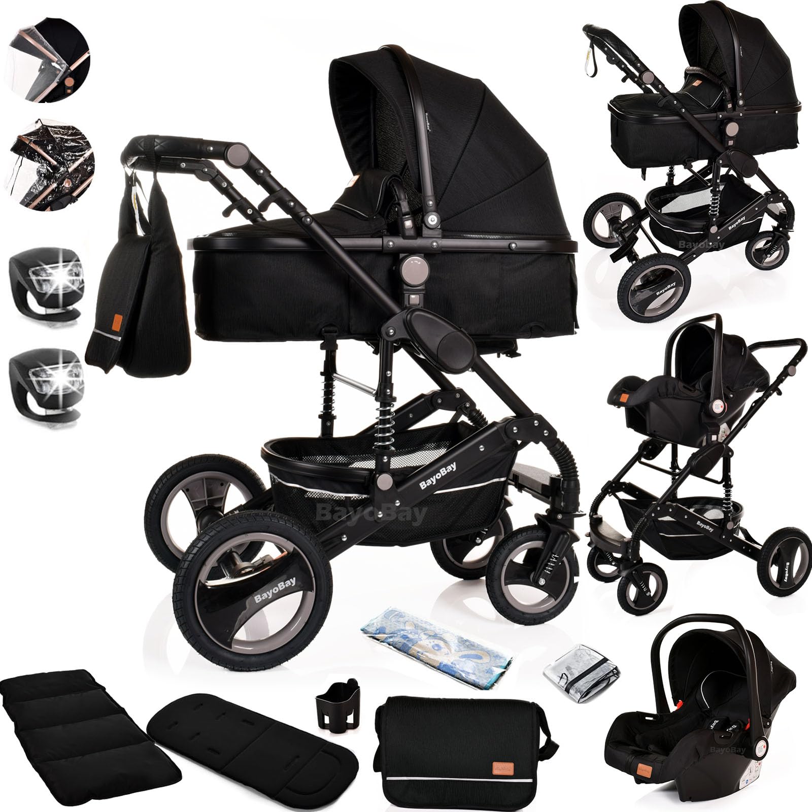 Baby Pram Pushchair Buggy with Car Seat Lightweight Stroller Folding Strollers 3 in1 Travel System Baby Trolley Baby Pram for Newborns Toddlers 0-36 Months from Birtn (Black - Black Frame)