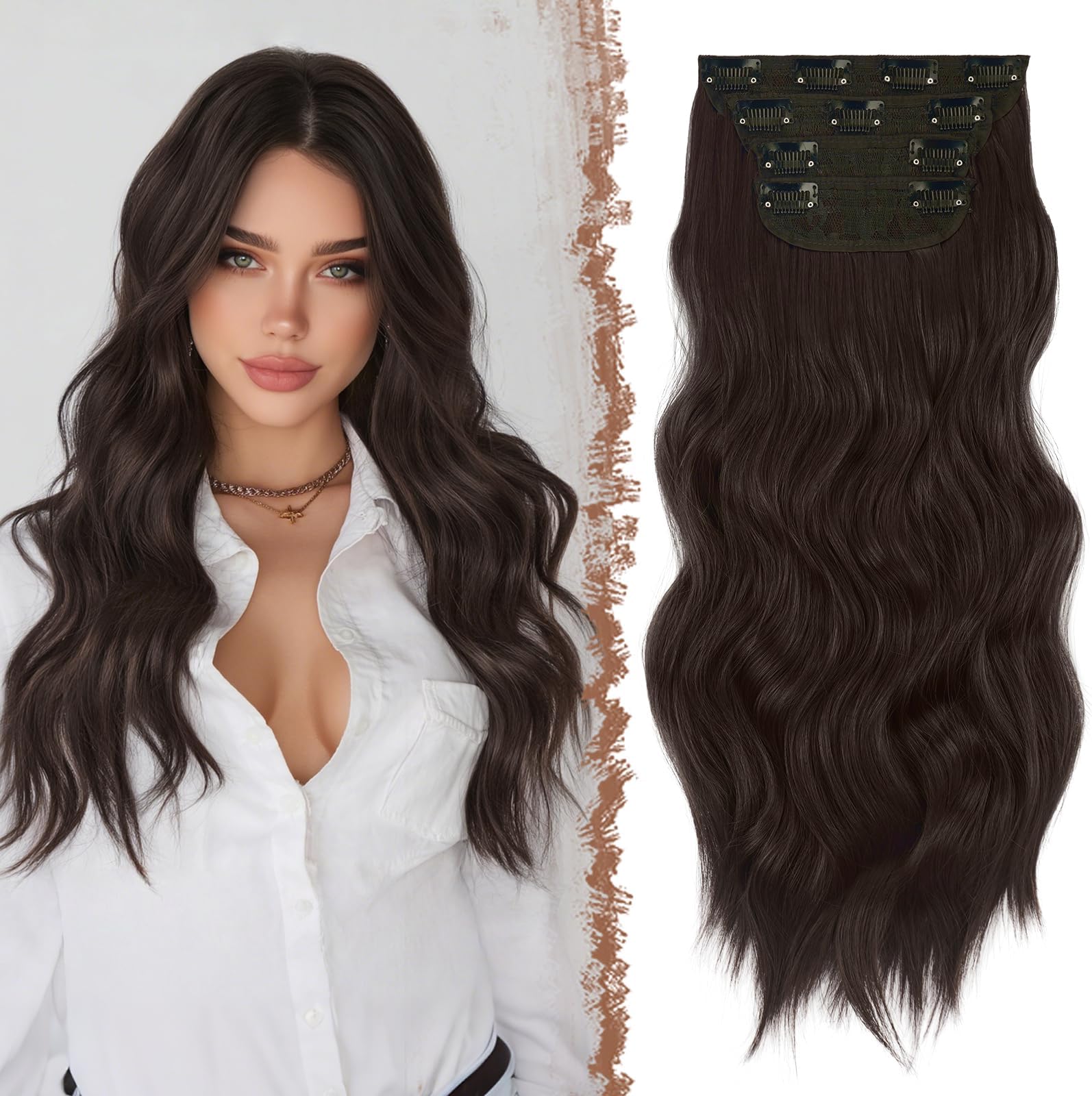 – Clip in Hair Extensions 4PCS Dark Brown Thick Hair Piece Long Wavy Clip in Extensions Full Head Synthetic Fiber Hairpieces for Women, 20 Inch 180g