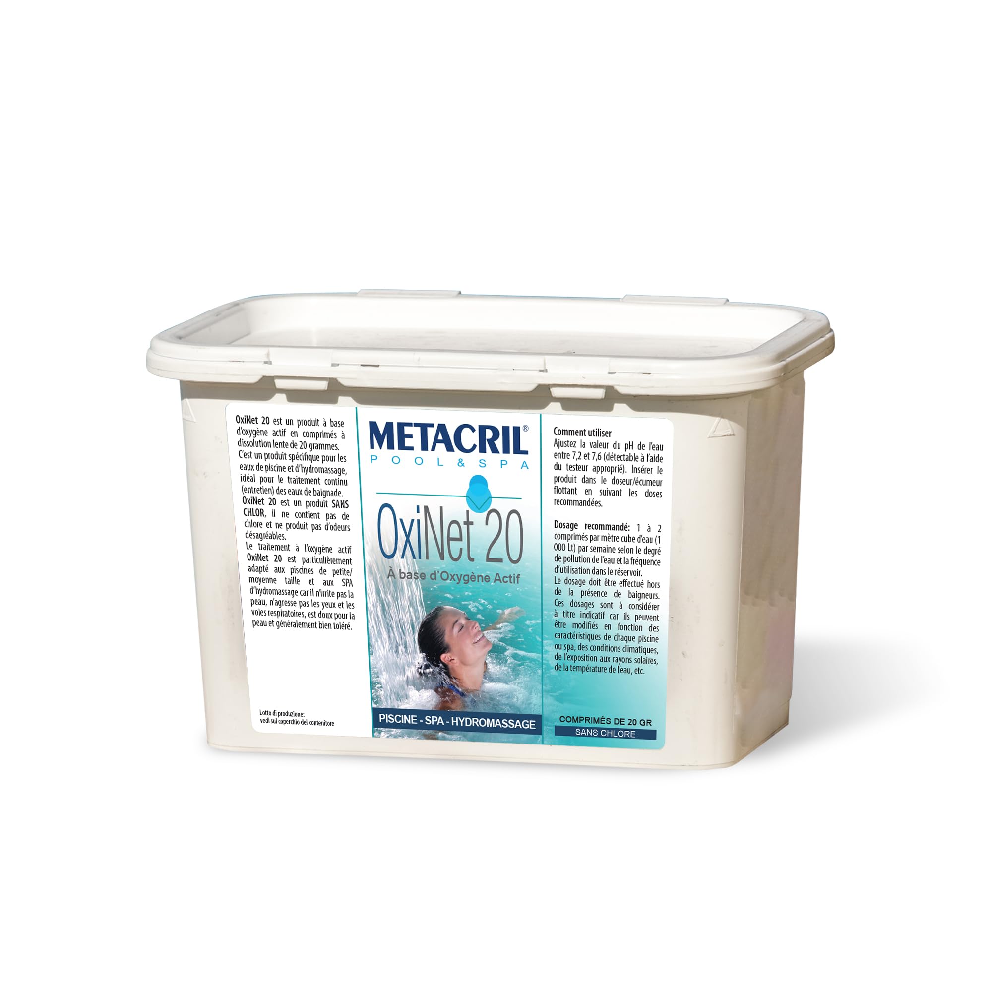 Metacril Set 2 pcs OxiNet 20, Oxígeno Activo, en tabletas de 20 g, Ideal para Piscina o Whirlpool - 2 PCS X 1.2 KG