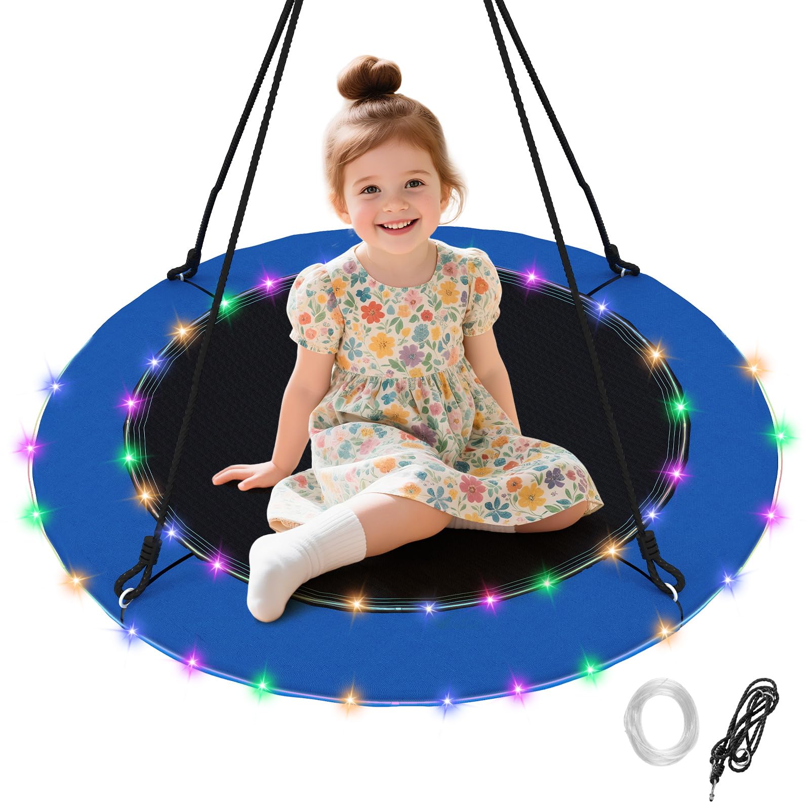 COSTWAY Columpio Redondo, Diámetro 100cm, Columpio Jardin Exterior Niños 3+ Años, Luces LED, 3 Modos, 2 Cuerdas Ajustables, Columpio Nido Carga 300kg