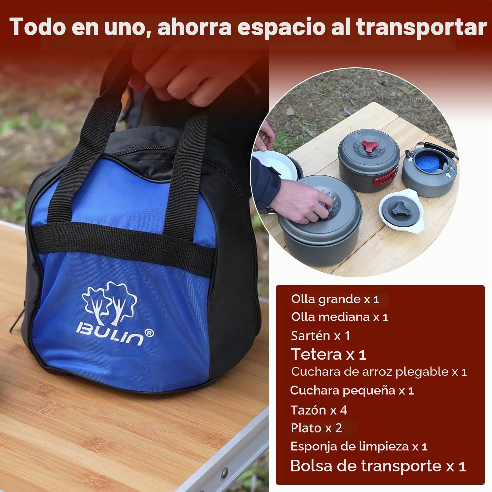 Bulin Set de Cocina Camping, ollas de Aluminio, Set de Cocina Ligero con Cubiertos Plegables y hervidor, Utensilios de Camping para 1–2–4–6 Personas, Ideal para Camping, Exterior y Picnic
