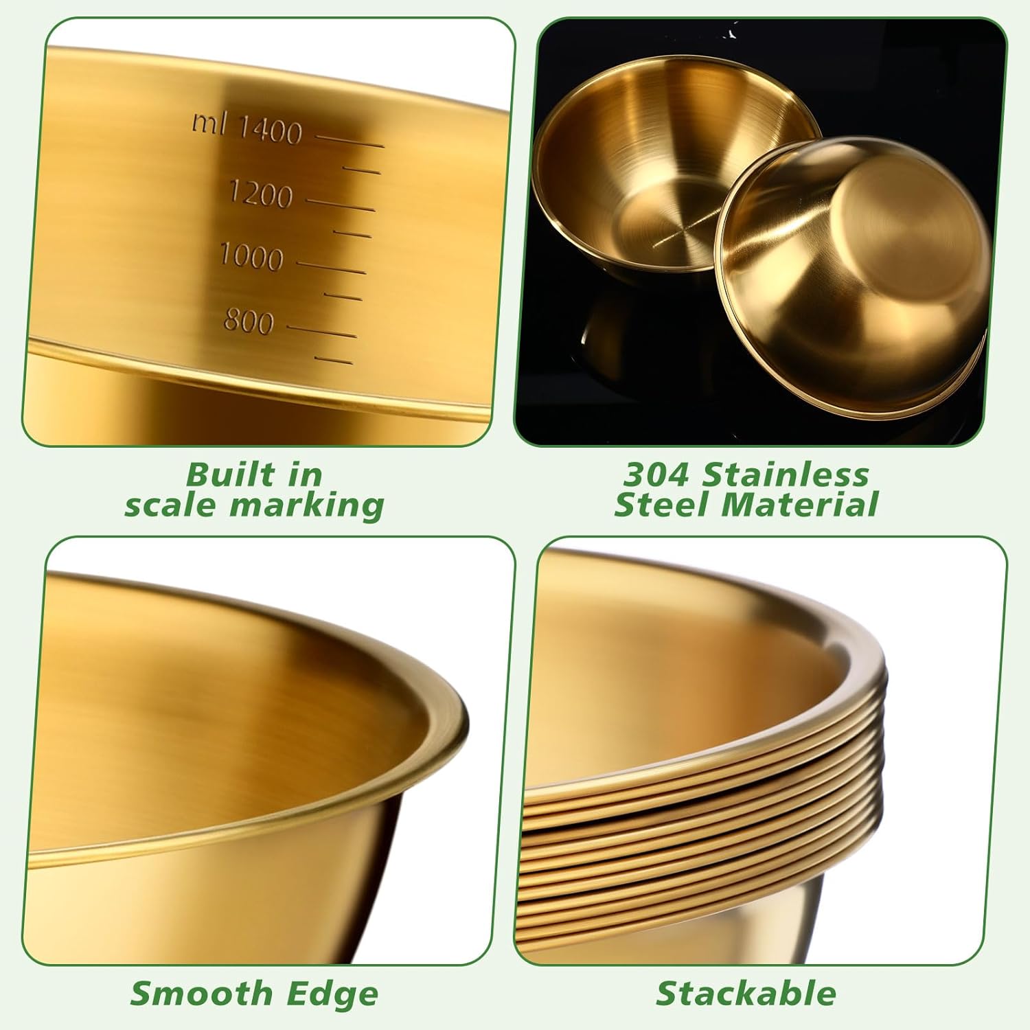 12 Pcs 7.5 Inch Gold Mixing Bowls with Graduations Bulk 47oz Stainless Steel Salad Bowls Mixing Serving Container Nesting Metal Baking Food Storage Container for Cooking, Making Salads, Soup