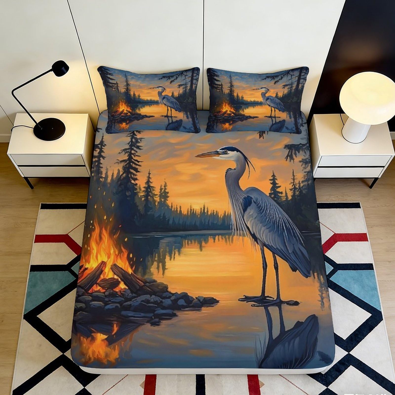 3D Printed Sunset Lake Heron Fitted Sheet Microfiber Soft Breathable Campfire Bed Cover for Bedroom Dormitory Guest Room Mattress Protection 160x200x25cm