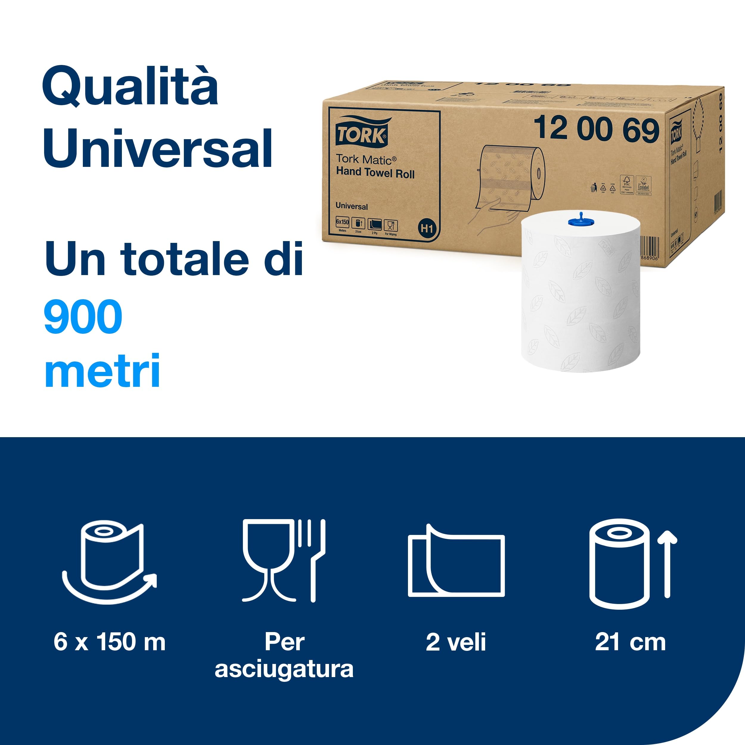 Tork Matic Rotolo di asciugamani bianco H1, avanzato, goffrato per un'asciugatura efficiente, 6 rotoli da 150 m, 120069