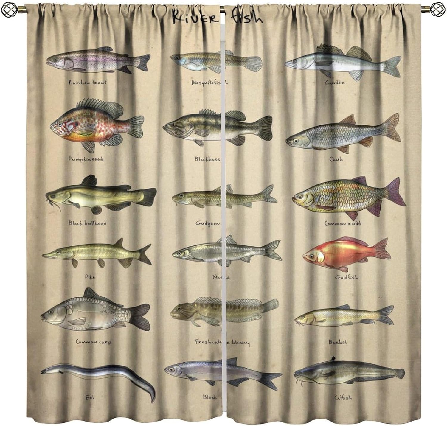 Farmhouse Fish Curtain,Vintage Cabin Rustic River Fishing Window Treatment Curtains Cloth Farbic for Bedroom Living Room Office Cafe Kitchen Dining Room Drapes, 42x54 in 21"W x 54"L (Pack of 2) Style-10