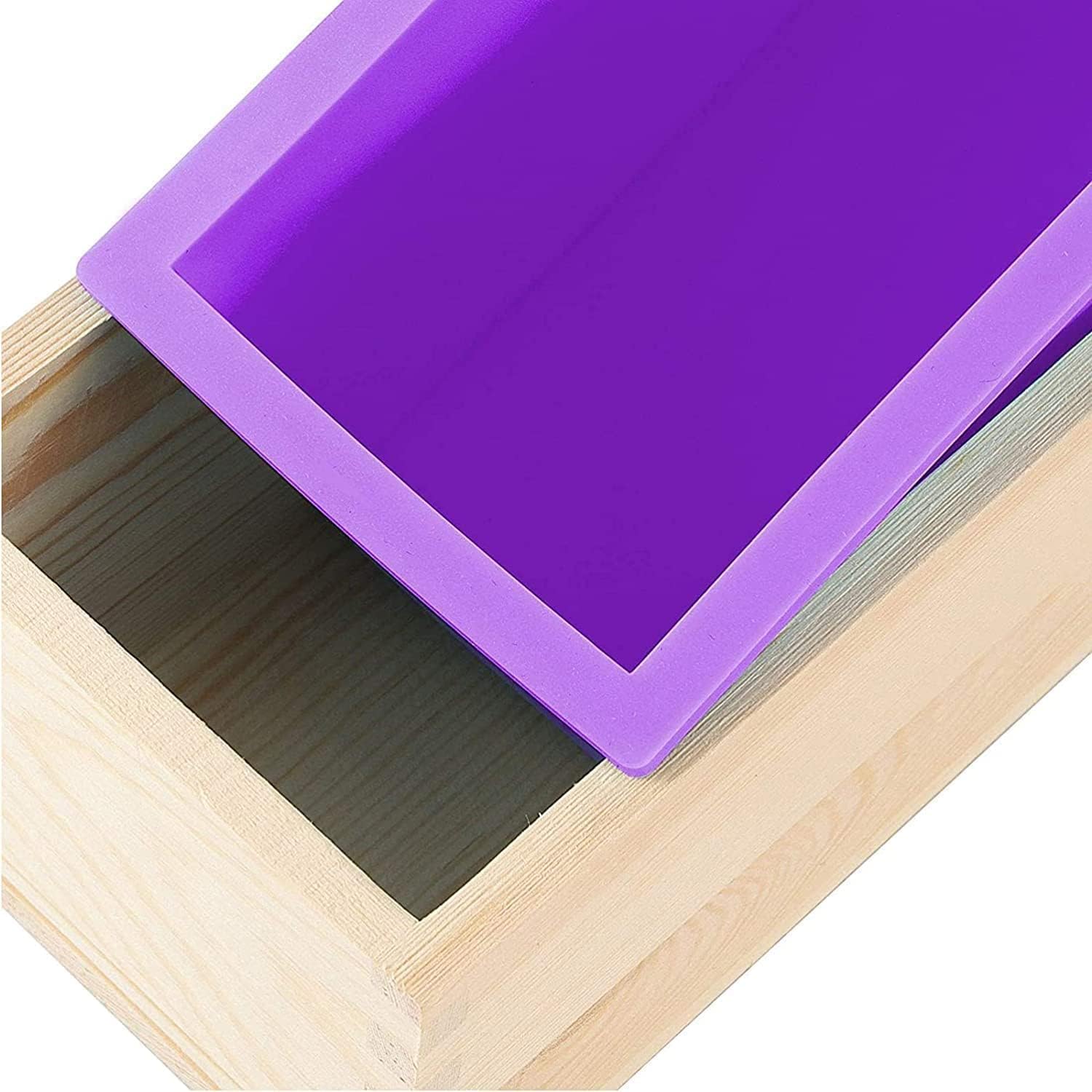 Lot de 4 Moules à Savon 1200 ml en Silicone avec Boîte en Bois, Moule à Savon Rectangulaire Amélioré pour Fabrication de Savon DIY, Saponification, Résine et Pâtisserie (Violet)