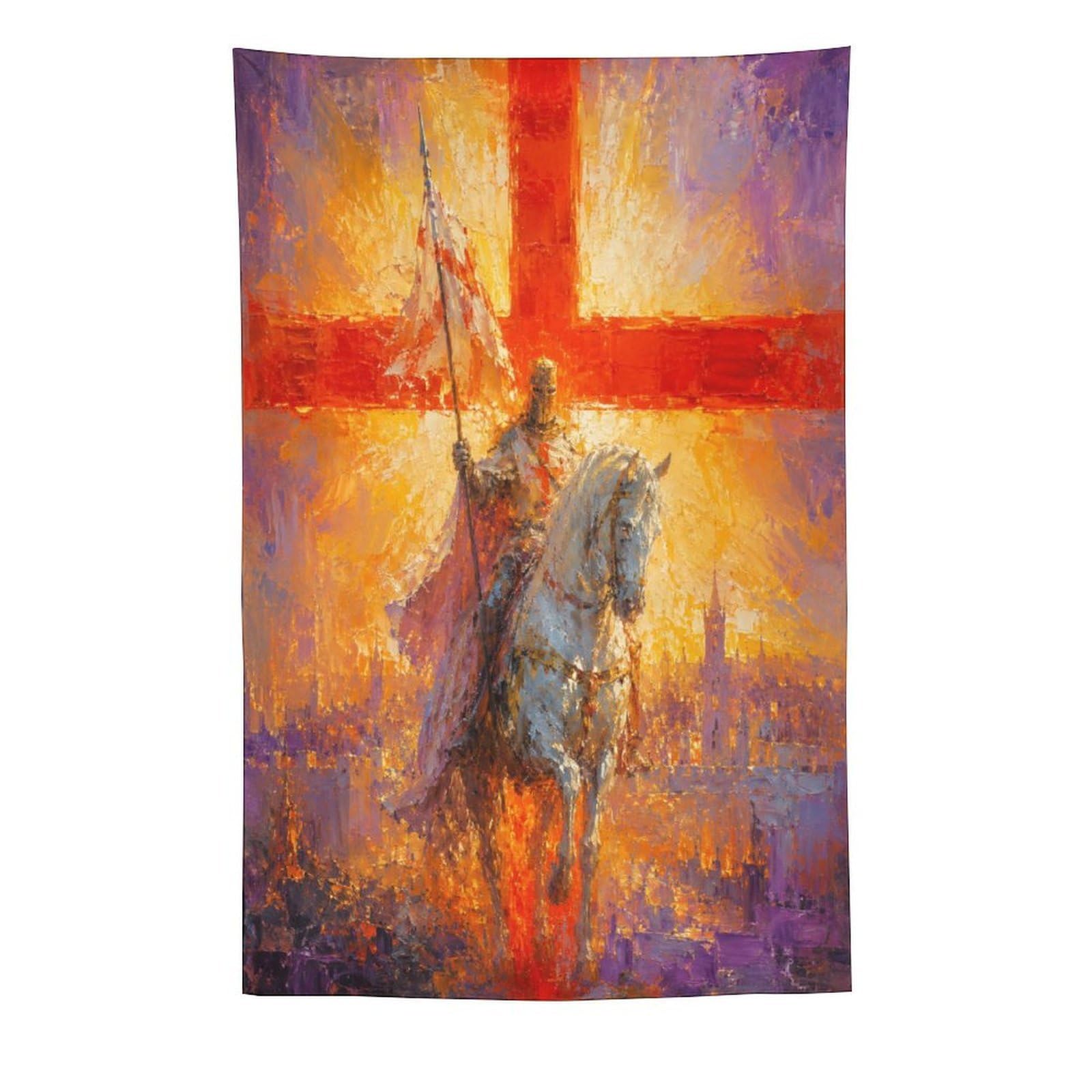 W7C8U2X3 Crusader Knight Wall Tapestry, Medieval Illustration Style