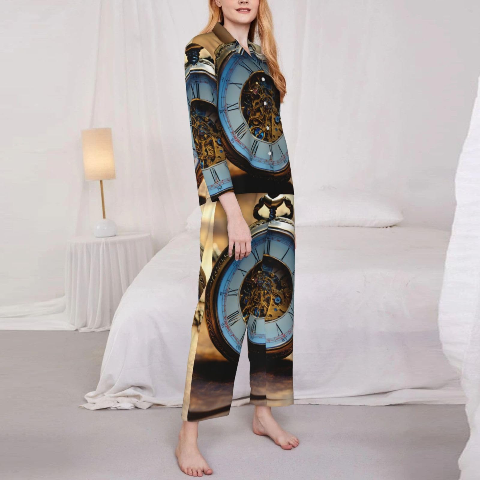 Gears Clock Bronze Century Pigiama Set Donna Morbido Due Pezzi Pj'S Set Top Manica Lunga Pantaloni Plaid Pantaloni Sleepwear Tasche