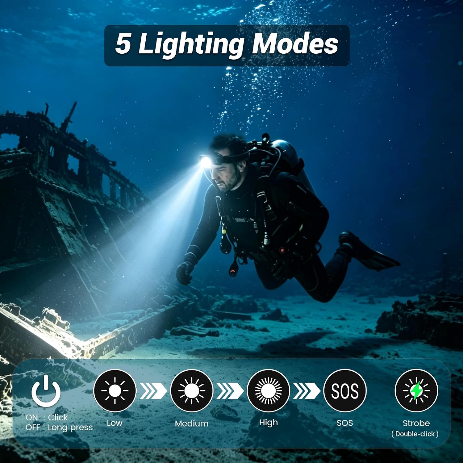 Diving Headlamp Scuba Dive Light, 5 Modes, Bright, Underwater 60m | Hands-free Diving Light, Power Indicator, Rechargeable, IPX8 Waterproof & Dustproof, Aluminum Alloy, Diving/Snorkeling/Caving