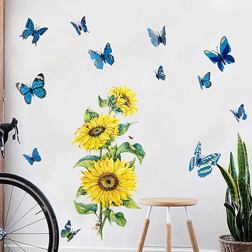 Miniatura 3 de Calcomanías de pared de girasol con mariposa 3D, calcomanías de pared de flores de jardín, impermeables y extraíbles para dormitorio, sala de estar,