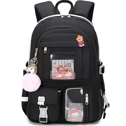 Backpack for Girls with Accessories Laptop Bookbags 16 Inch Kawaii Kids Elementary Middle High School Bag College Travel Daypack Gifts for Teens Women Students (Black)