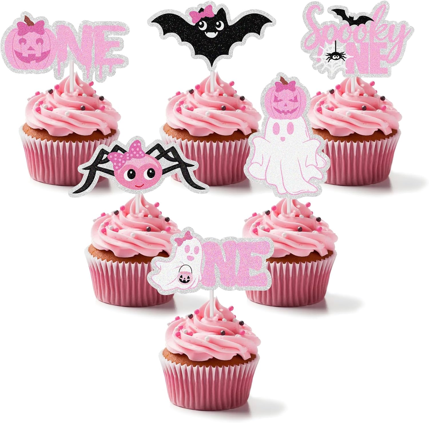 18Pcs Spooky One Cupcake Toppers, Pink Halloween Ghost Cupcake Decorations, First Birthday Cupcake Toppers Spooky One Birthday Decorations For Girl