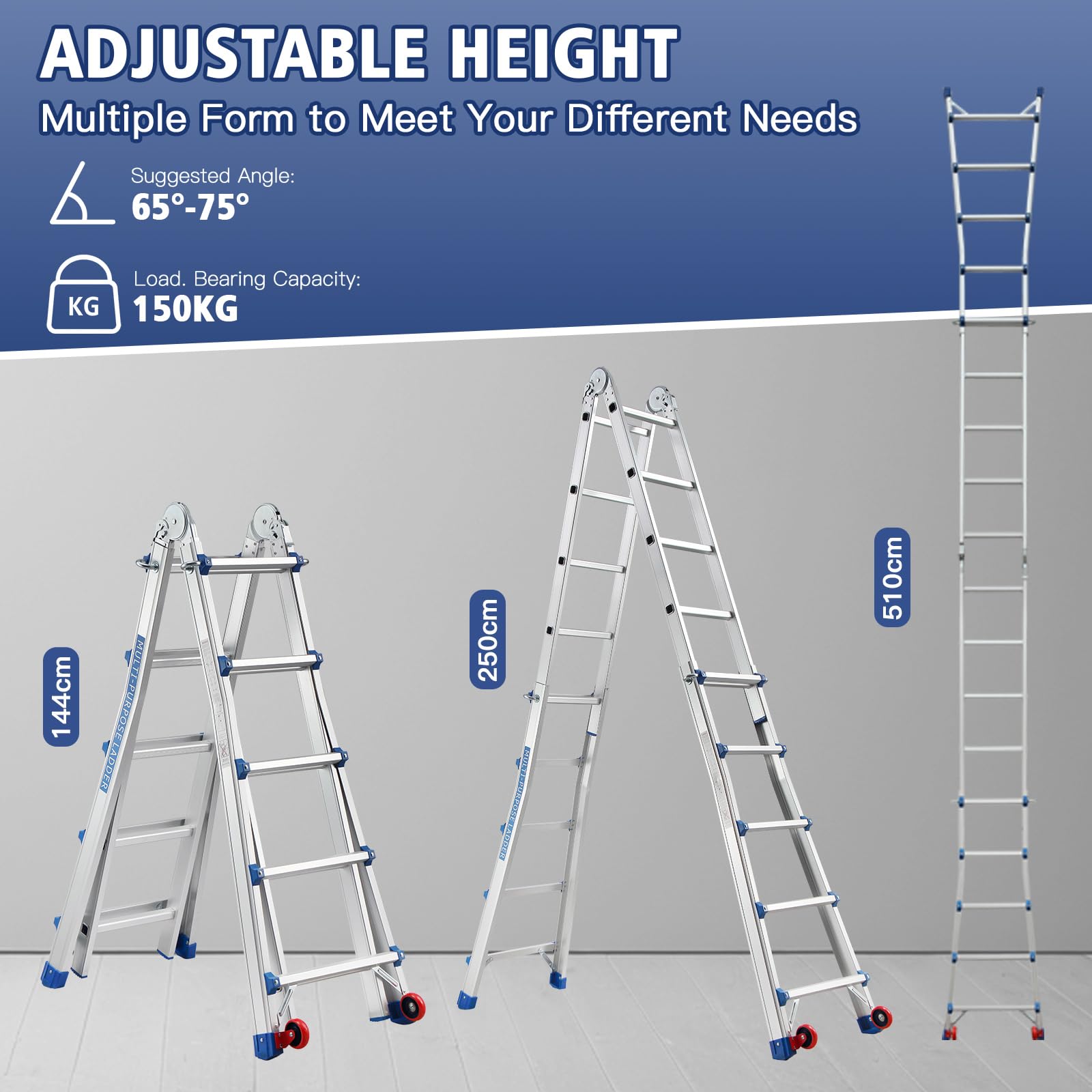 TEENO Escalera de Aluminio Multifunción 5.1 M| 5x5 Peldaños| Escalera Telescópica 5 en 1 con Desmontable Ruedas y Base Triangular Reforzada| Carga Máxima 150 kg