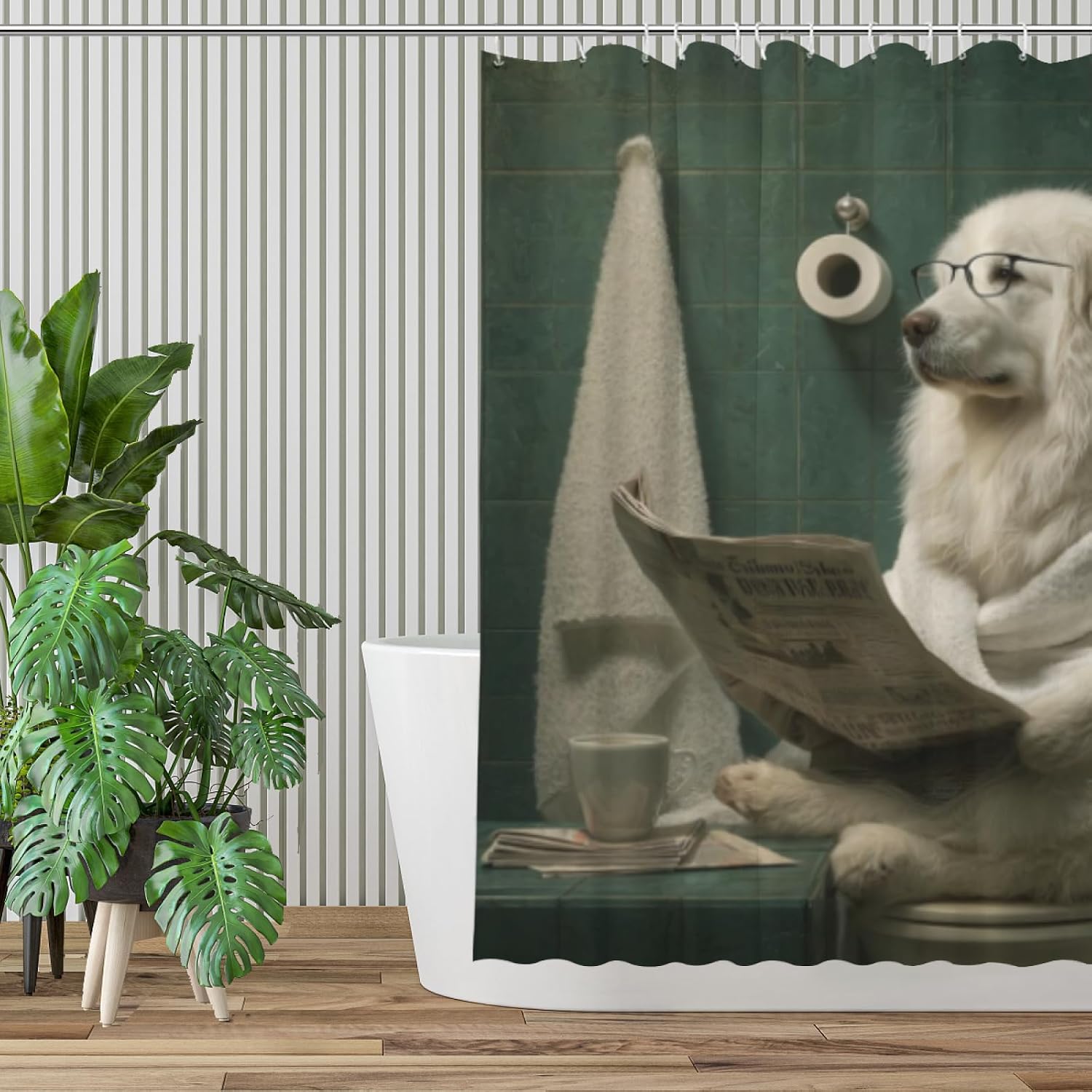 Funny Great Pyrenees Bathroom Curtain, Cute Dogs Reading Newspaper on Toilet, Washable Cloth Kids Shower Curtain Set 72X72 Inches with 12 Hooks