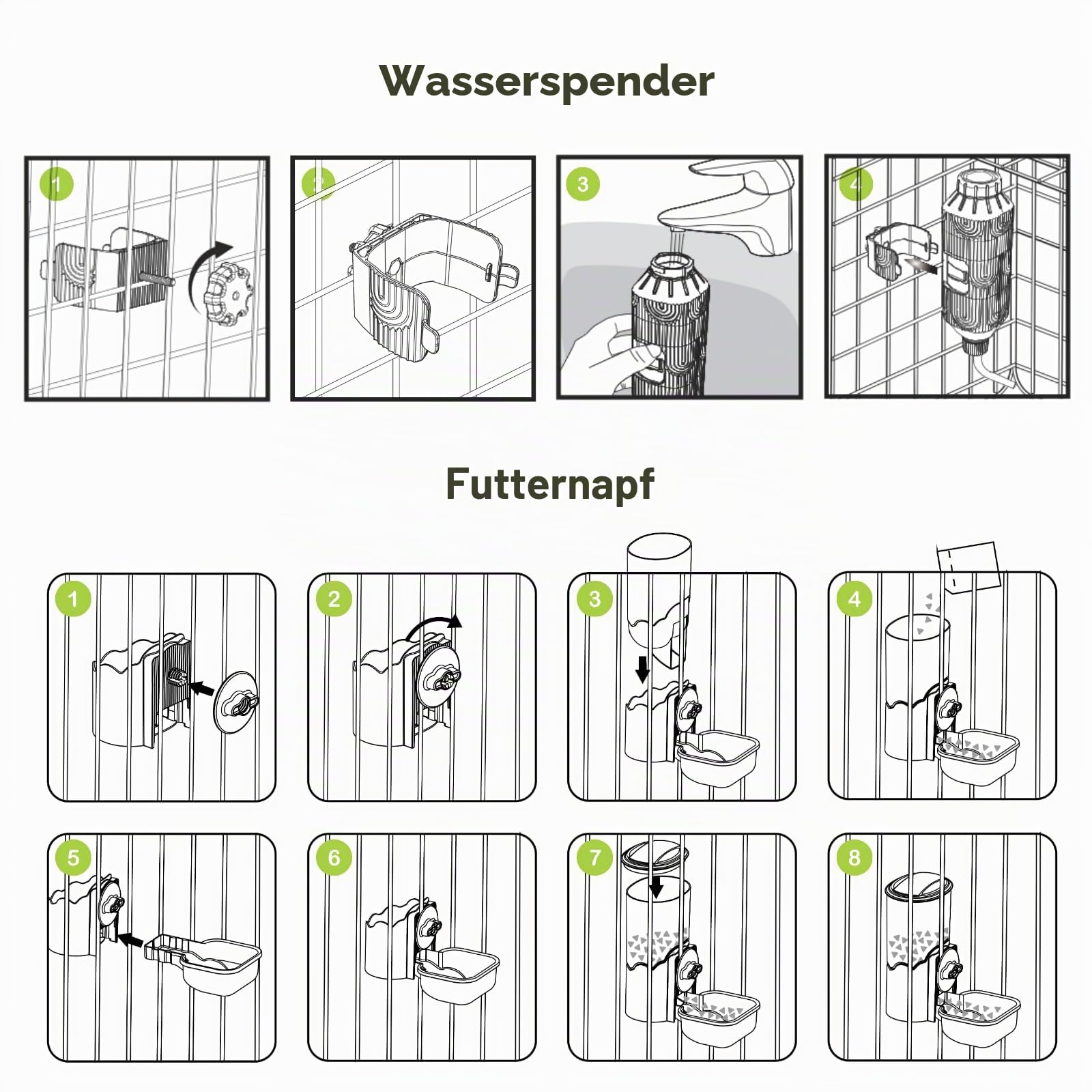 Automatischer Futter Wasserspender für Haustiere, Hängend Wasserflaschen Futterspender für Käfige, Futterstation für Welpen, Kätzchen, Kaninchen, Meerschweinchen, Chinchillas, Frettchen, Igel (Grün)