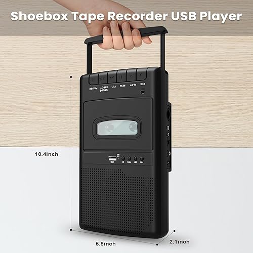 Miniatura 6 de Reproductor de casetes retro y grabadora de cinta con micrófono independiente, convertidor digital portátil de cinta a USB, asa de transporte,