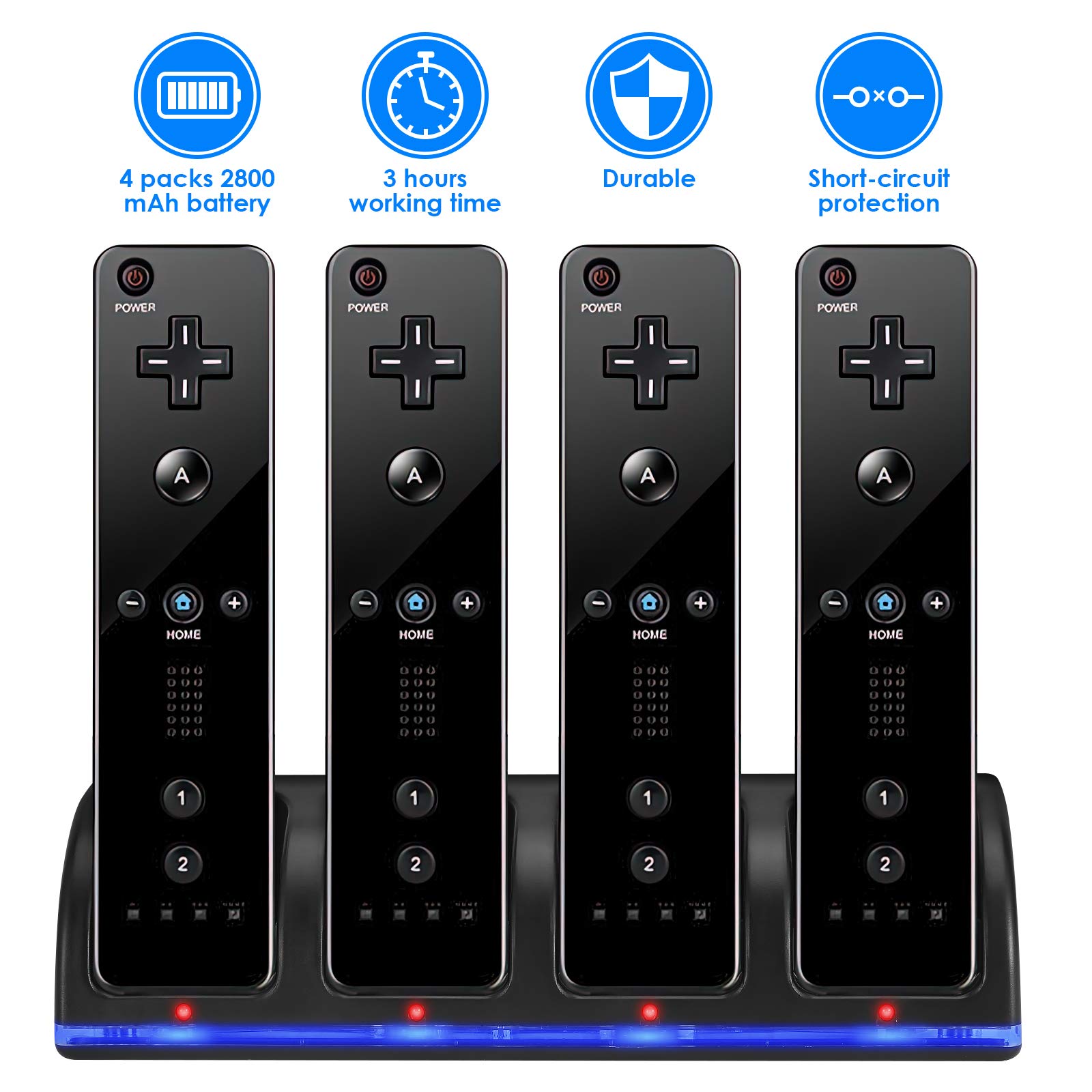 SANON Stazione di Ricarica per Controller Wii, 4 Dock di Ricarica Dock Station per Caricatore Remoto Wii con 4 Batterie Ricaricabili da 2800mAh & indicatori LED, Nero
